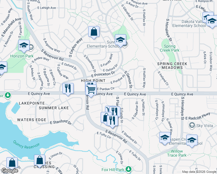 map of restaurants, bars, coffee shops, grocery stores, and more near 19509 East Purdue Circle in Aurora