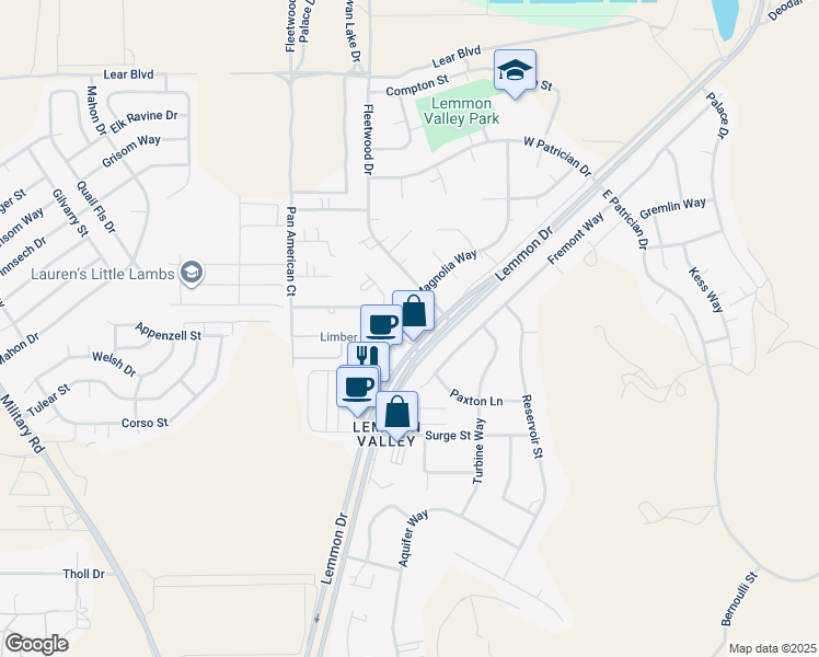 map of restaurants, bars, coffee shops, grocery stores, and more near 9401 Lemmon Drive in Reno