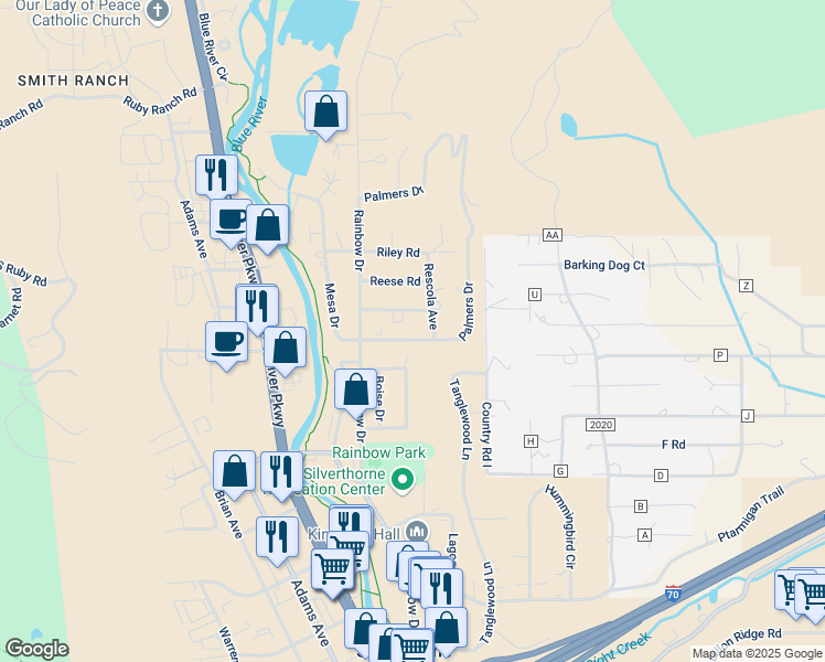 map of restaurants, bars, coffee shops, grocery stores, and more near 460 Palmers Drive in Silverthorne