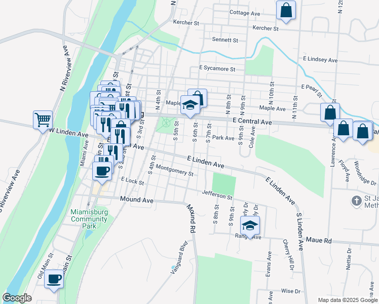 map of restaurants, bars, coffee shops, grocery stores, and more near 545 East Linden Avenue in Miamisburg