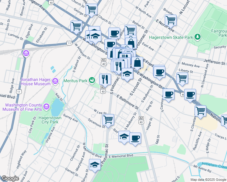 map of restaurants, bars, coffee shops, grocery stores, and more near 158 South Potomac Street in Hagerstown