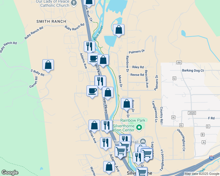 map of restaurants, bars, coffee shops, grocery stores, and more near 812-828 Blue River Parkway in Silverthorne