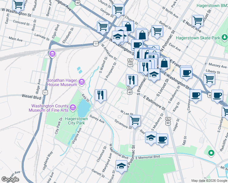 map of restaurants, bars, coffee shops, grocery stores, and more near 218 Summit Avenue in Hagerstown