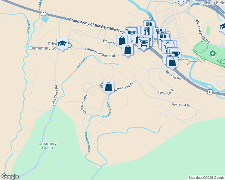 map of restaurants, bars, coffee shops, grocery stores, and more near 1000 Homestead Drive in Edwards