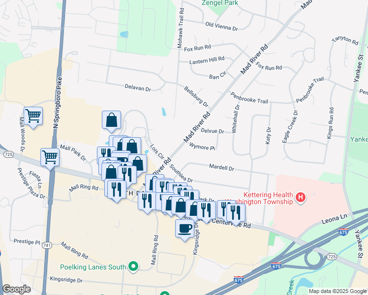map of restaurants, bars, coffee shops, grocery stores, and more near 2372 Wymore Place in Dayton
