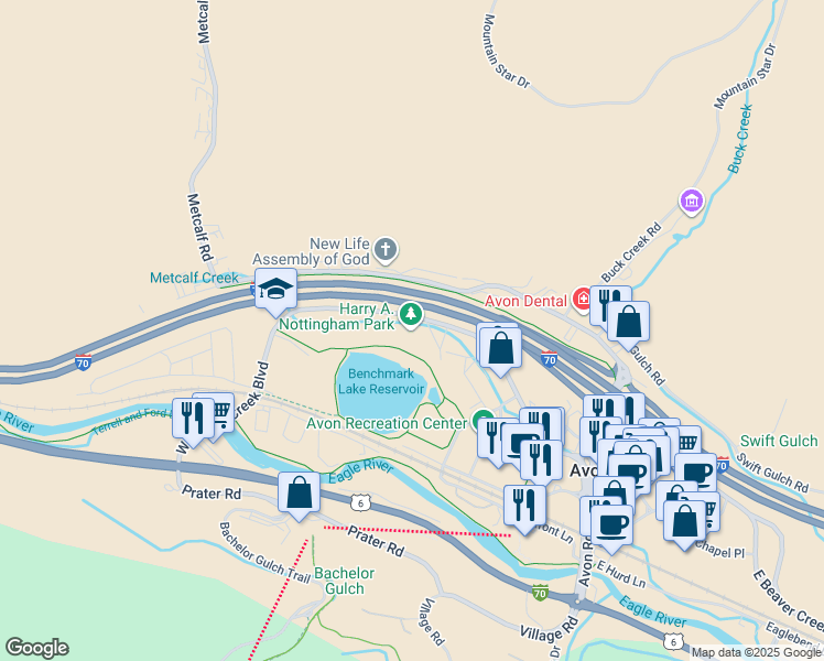 map of restaurants, bars, coffee shops, grocery stores, and more near 420 West Beaver Creek Boulevard in Avon