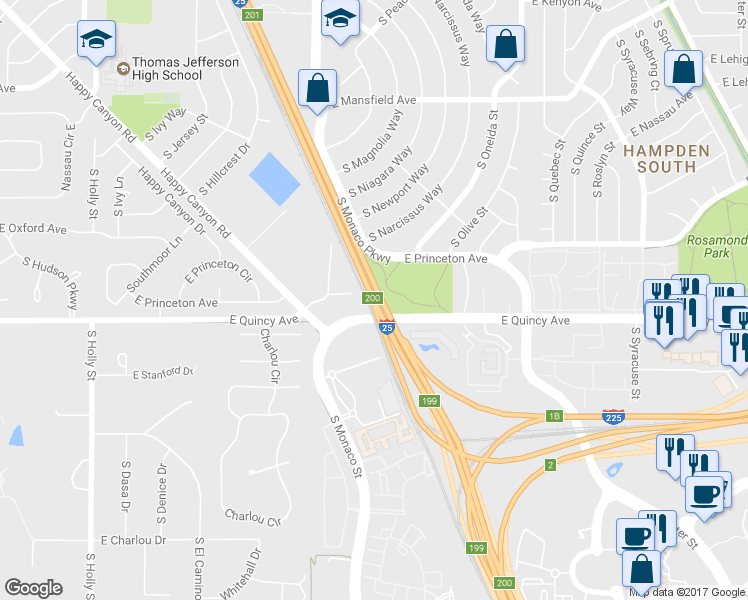 map of restaurants, bars, coffee shops, grocery stores, and more near Interstate 25 & U.S. 87 in Denver