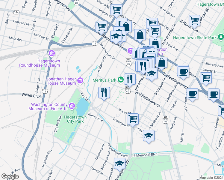 map of restaurants, bars, coffee shops, grocery stores, and more near 216 Summit Avenue in Hagerstown