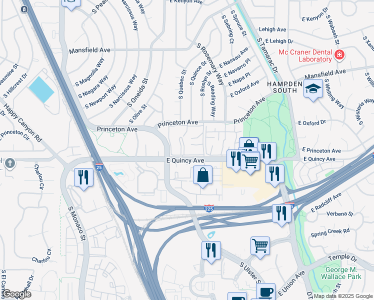 map of restaurants, bars, coffee shops, grocery stores, and more near 7455 East Quincy Avenue in Denver