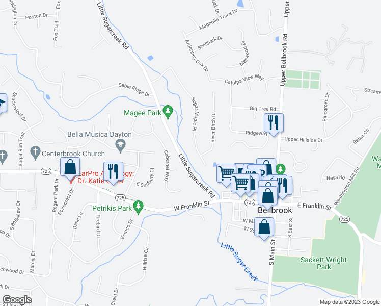 map of restaurants, bars, coffee shops, grocery stores, and more near 1923 Sugar Maple Place in Bellbrook