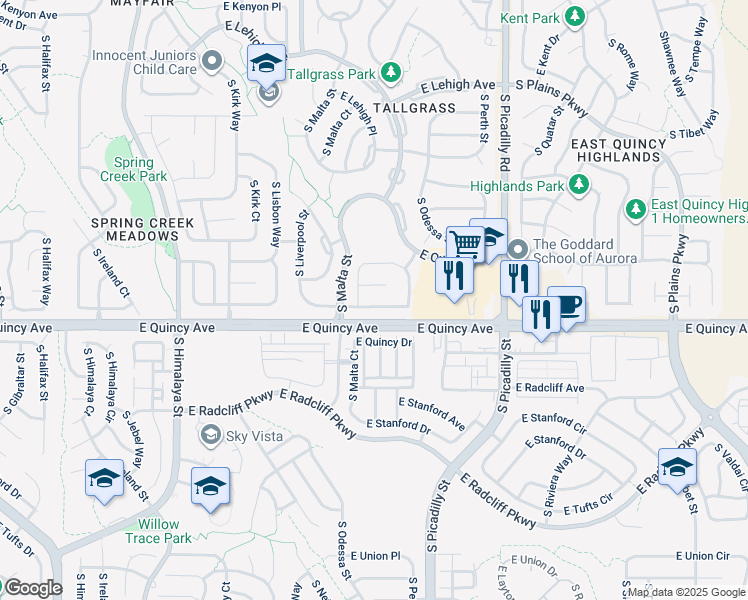 map of restaurants, bars, coffee shops, grocery stores, and more near 21270 East Princeton Place in Aurora