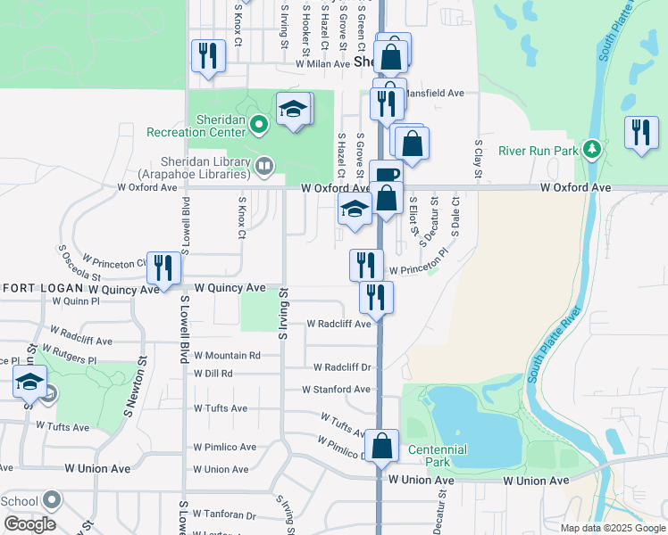 map of restaurants, bars, coffee shops, grocery stores, and more near 3139 West Farmdale Road in Englewood