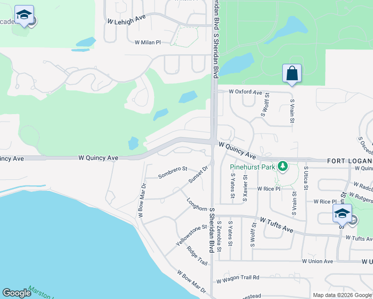 map of restaurants, bars, coffee shops, grocery stores, and more near 5650 West Quincy Avenue in Denver