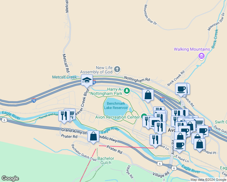 map of restaurants, bars, coffee shops, grocery stores, and more near 330C West Beaver Creek Boulevard in Avon