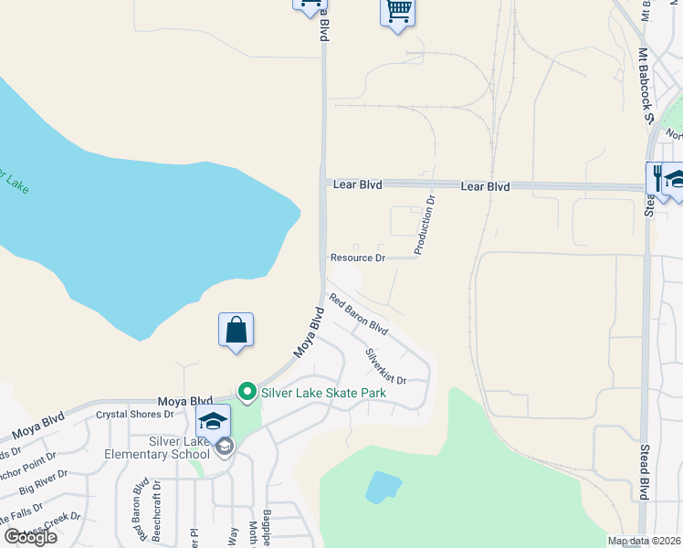 map of restaurants, bars, coffee shops, grocery stores, and more near 9398 Red Baron Boulevard in Reno