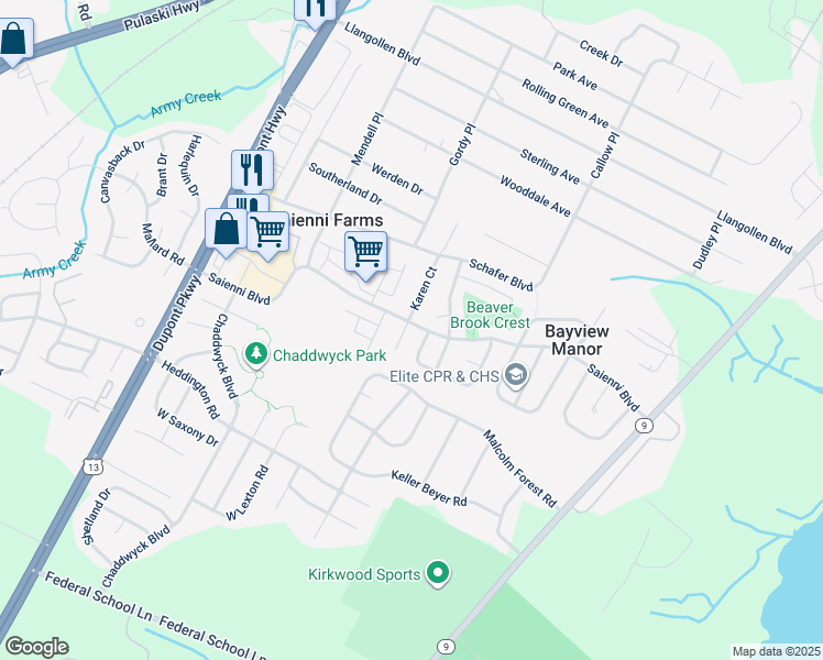 map of restaurants, bars, coffee shops, grocery stores, and more near 1 Quindome Drive in New Castle