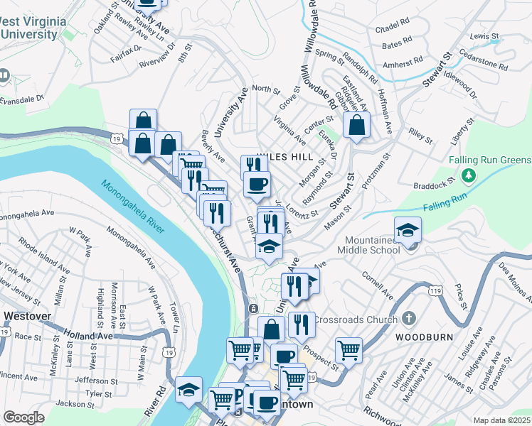 map of restaurants, bars, coffee shops, grocery stores, and more near 208 Grant Avenue in Morgantown