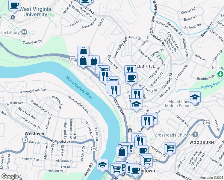 map of restaurants, bars, coffee shops, grocery stores, and more near 327 Beechurst Avenue in Morgantown