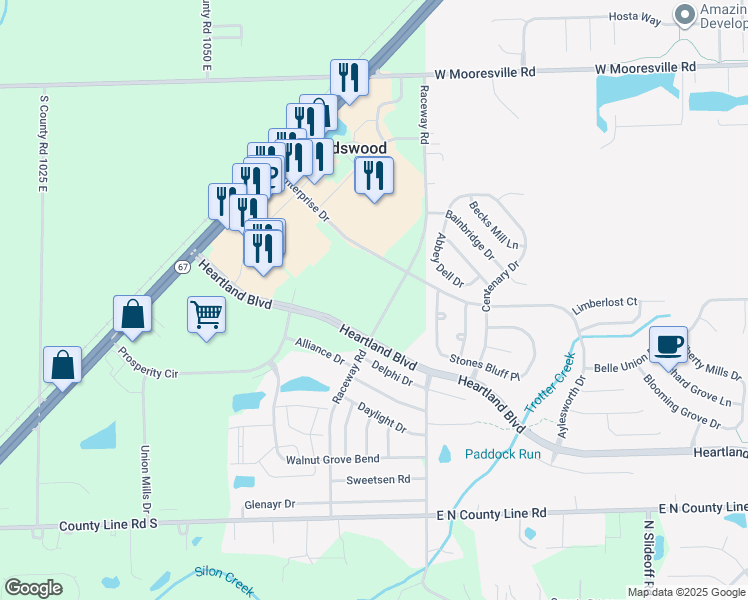 map of restaurants, bars, coffee shops, grocery stores, and more near 6605-6801 Raceway Road in Hendricks County