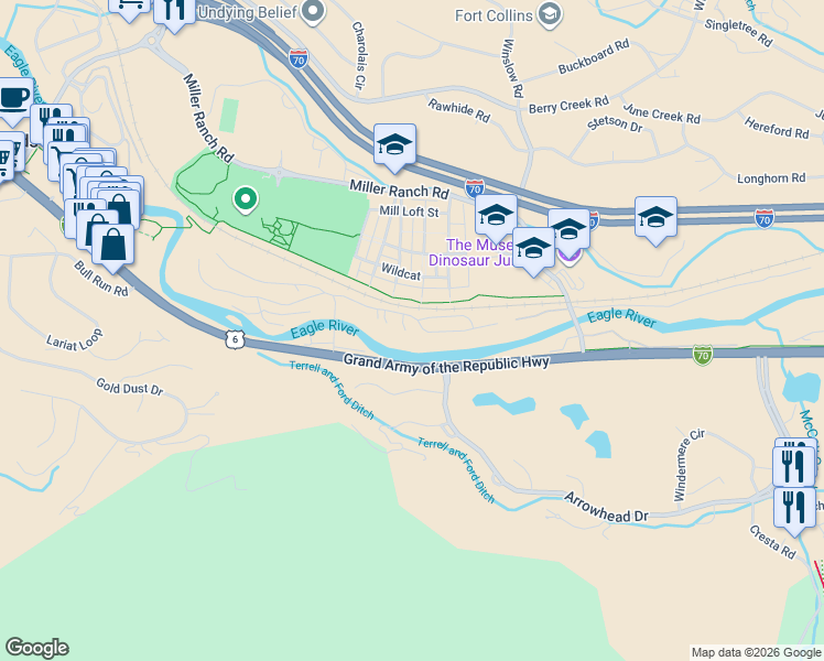 map of restaurants, bars, coffee shops, grocery stores, and more near 40 Miller's Cir in Edwards