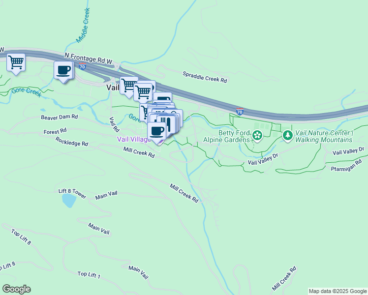 map of restaurants, bars, coffee shops, grocery stores, and more near 303 Mill Creek Circle in Vail