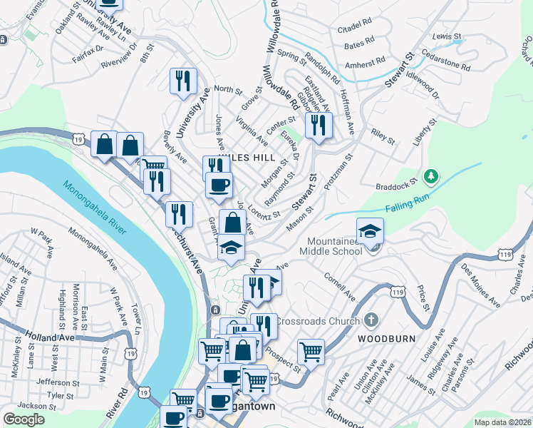 map of restaurants, bars, coffee shops, grocery stores, and more near 125 Lorentz Street in Morgantown