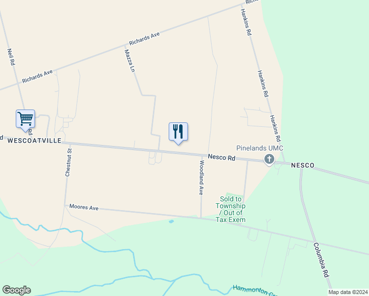 map of restaurants, bars, coffee shops, grocery stores, and more near 3434 Nesco Road in Hammonton