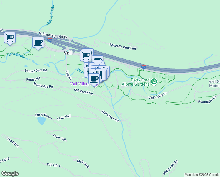 map of restaurants, bars, coffee shops, grocery stores, and more near 303 Mill Creek Circle in Vail