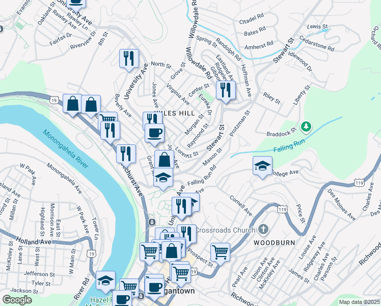 map of restaurants, bars, coffee shops, grocery stores, and more near 125 Lorentz Street in Morgantown