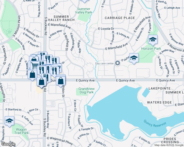 map of restaurants, bars, coffee shops, grocery stores, and more near 4294 South Salida Way in Aurora