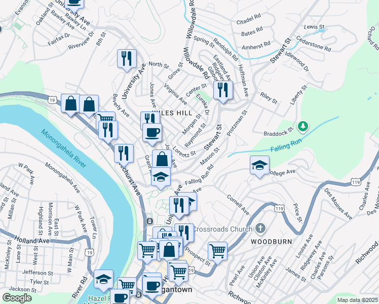 map of restaurants, bars, coffee shops, grocery stores, and more near 125 Lorentz Street in Morgantown