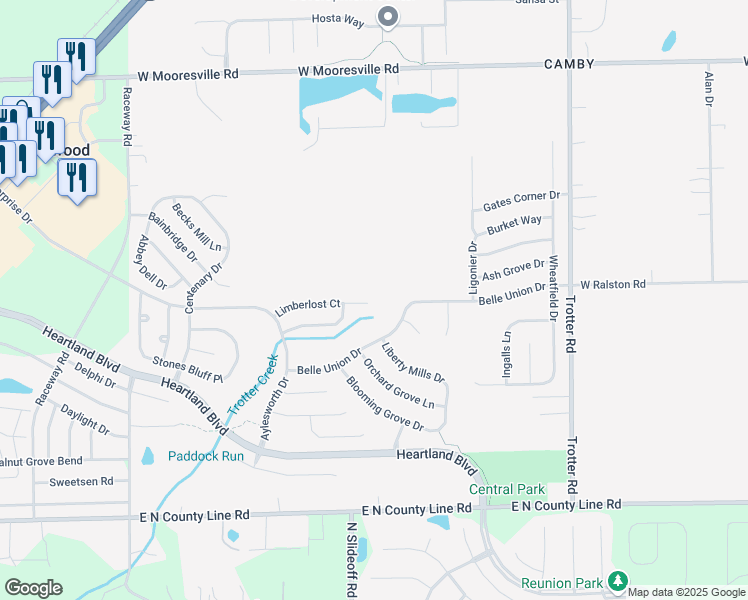 map of restaurants, bars, coffee shops, grocery stores, and more near 8734 Limberlost Court in Indianapolis