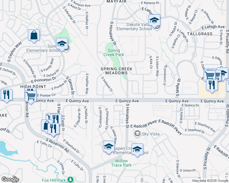 map of restaurants, bars, coffee shops, grocery stores, and more near 4271 South Ireland Court in Aurora