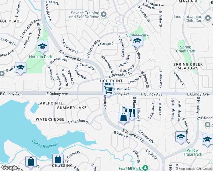 map of restaurants, bars, coffee shops, grocery stores, and more near in Aurora