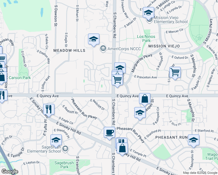 map of restaurants, bars, coffee shops, grocery stores, and more near 4249 South Granby Way in Aurora