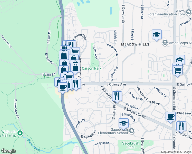 map of restaurants, bars, coffee shops, grocery stores, and more near 4251 South Blackhawk Circle in Aurora