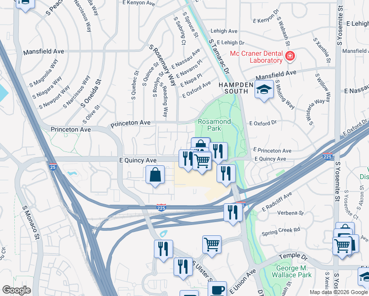 map of restaurants, bars, coffee shops, grocery stores, and more near 7756 East Quincy Avenue in Denver