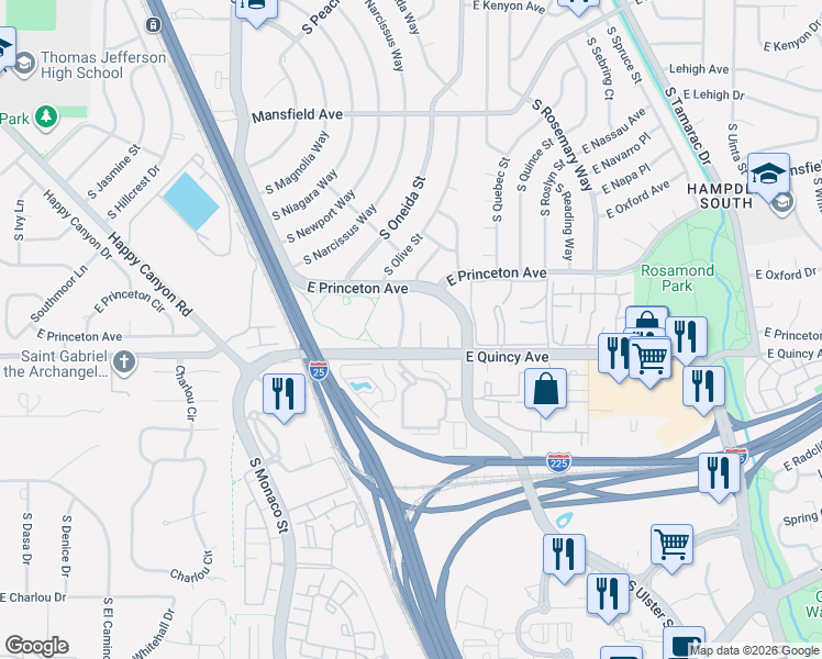 map of restaurants, bars, coffee shops, grocery stores, and more near 7255 East Quincy Avenue in Denver