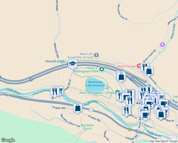 map of restaurants, bars, coffee shops, grocery stores, and more near 580 West Beaver Creek Boulevard in Avon