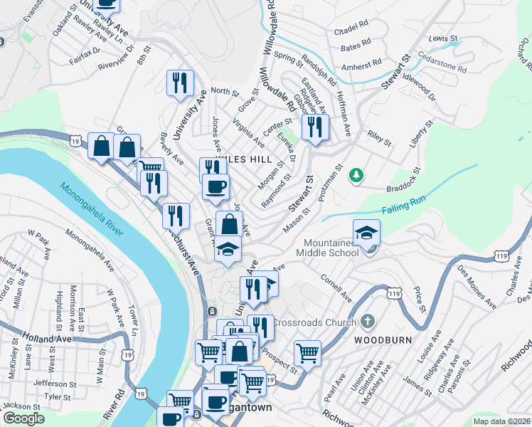 map of restaurants, bars, coffee shops, grocery stores, and more near 125 Lorentz Street in Morgantown