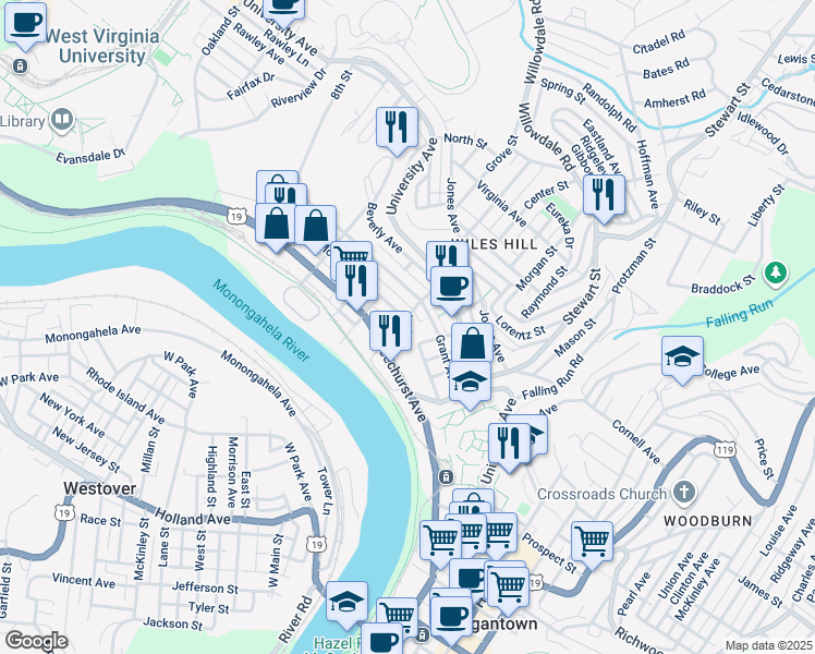 map of restaurants, bars, coffee shops, grocery stores, and more near 217 McLane Avenue in Morgantown