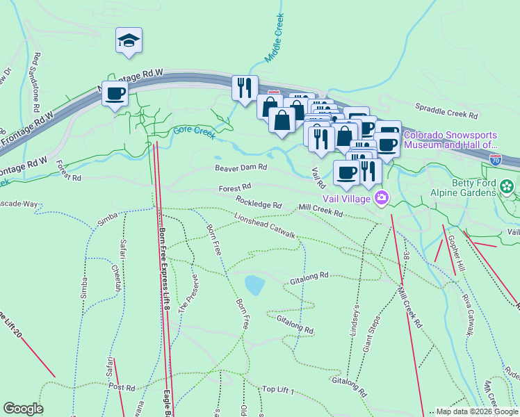 map of restaurants, bars, coffee shops, grocery stores, and more near Lift 8 Tower in Vail