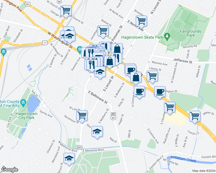 map of restaurants, bars, coffee shops, grocery stores, and more near 103 East Antietam Street in Hagerstown