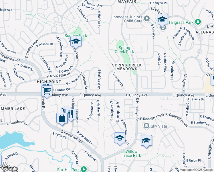 map of restaurants, bars, coffee shops, grocery stores, and more near 4257 South Himalaya Way in Aurora