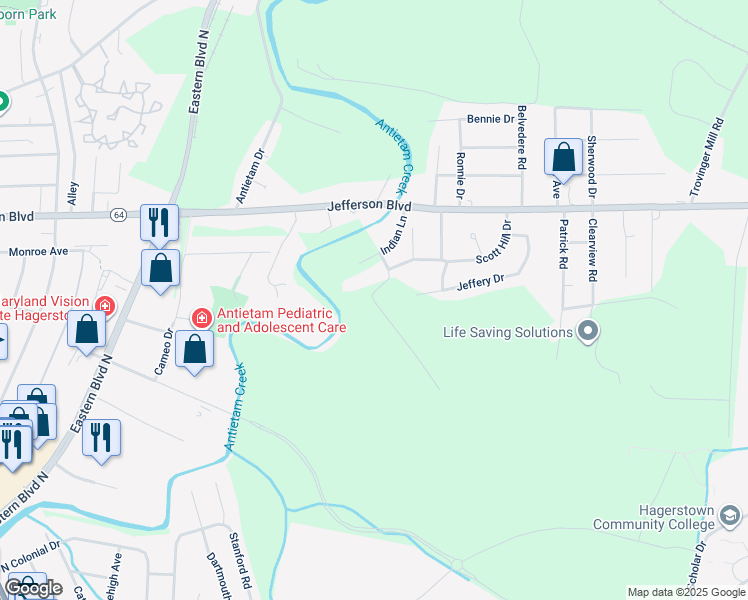 map of restaurants, bars, coffee shops, grocery stores, and more near Indian Lane in Hagerstown