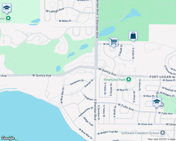 map of restaurants, bars, coffee shops, grocery stores, and more near 5650 West Quincy Avenue in Denver