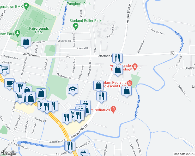 map of restaurants, bars, coffee shops, grocery stores, and more near 220 Brynwood Street in Hagerstown
