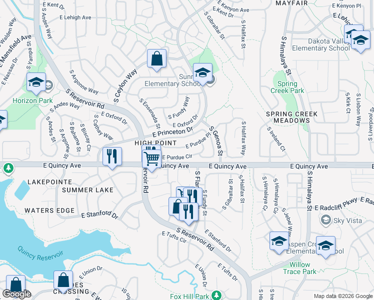 map of restaurants, bars, coffee shops, grocery stores, and more near 19509 East Purdue Circle in Aurora