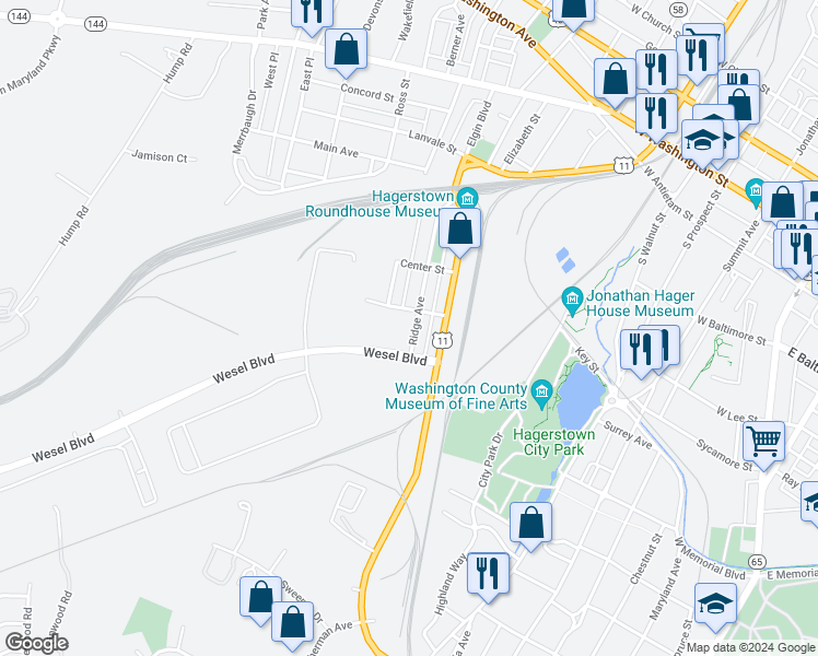 map of restaurants, bars, coffee shops, grocery stores, and more near 521 Ridge Avenue in Hagerstown