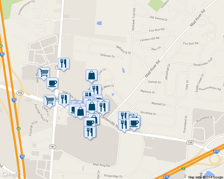 map of restaurants, bars, coffee shops, grocery stores, and more near 2516 Falling Water Drive in Dayton